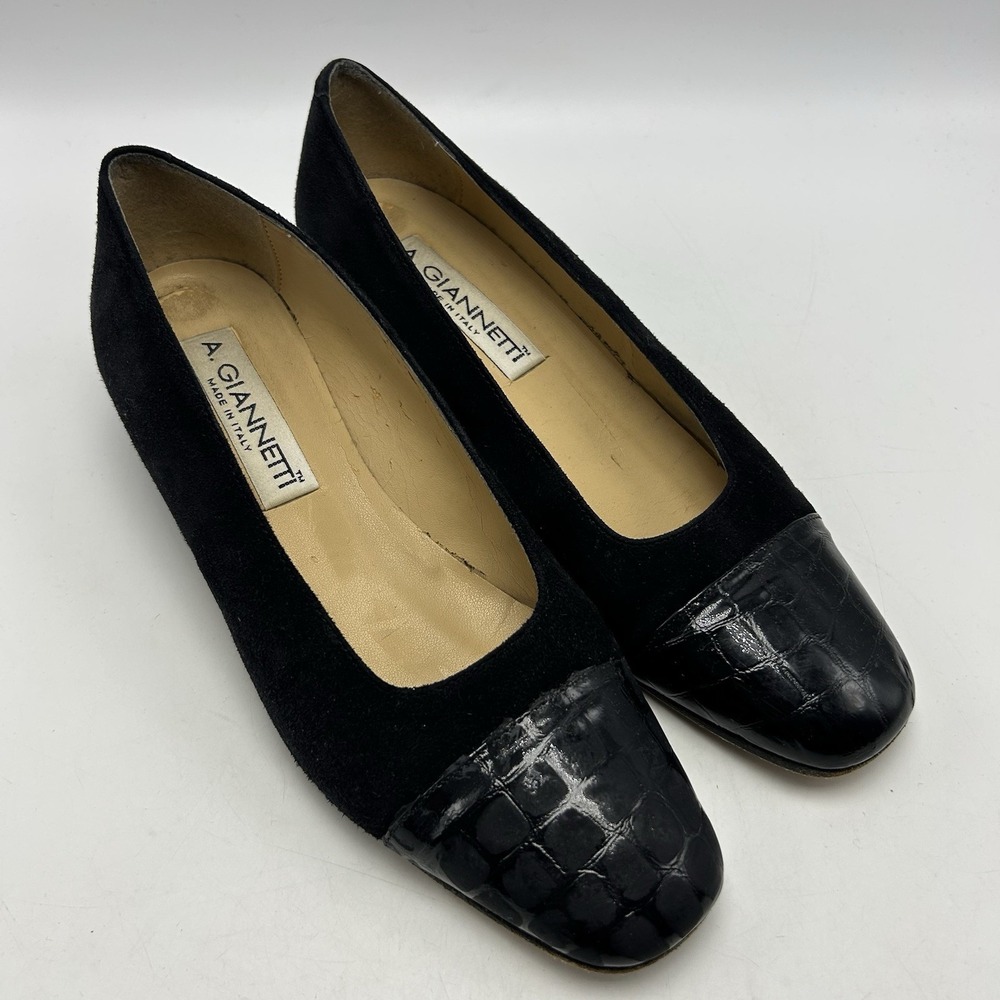 Vintage Giannetti Italy Womens 7 B Shoes Court Heels Block 38 Black Leather Read